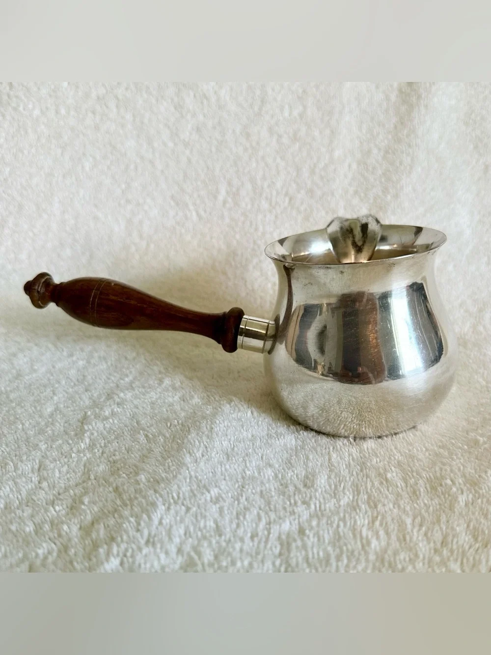Vintage Silver-Plated Butter Melting Pot Wood Handle Sauce Warmer